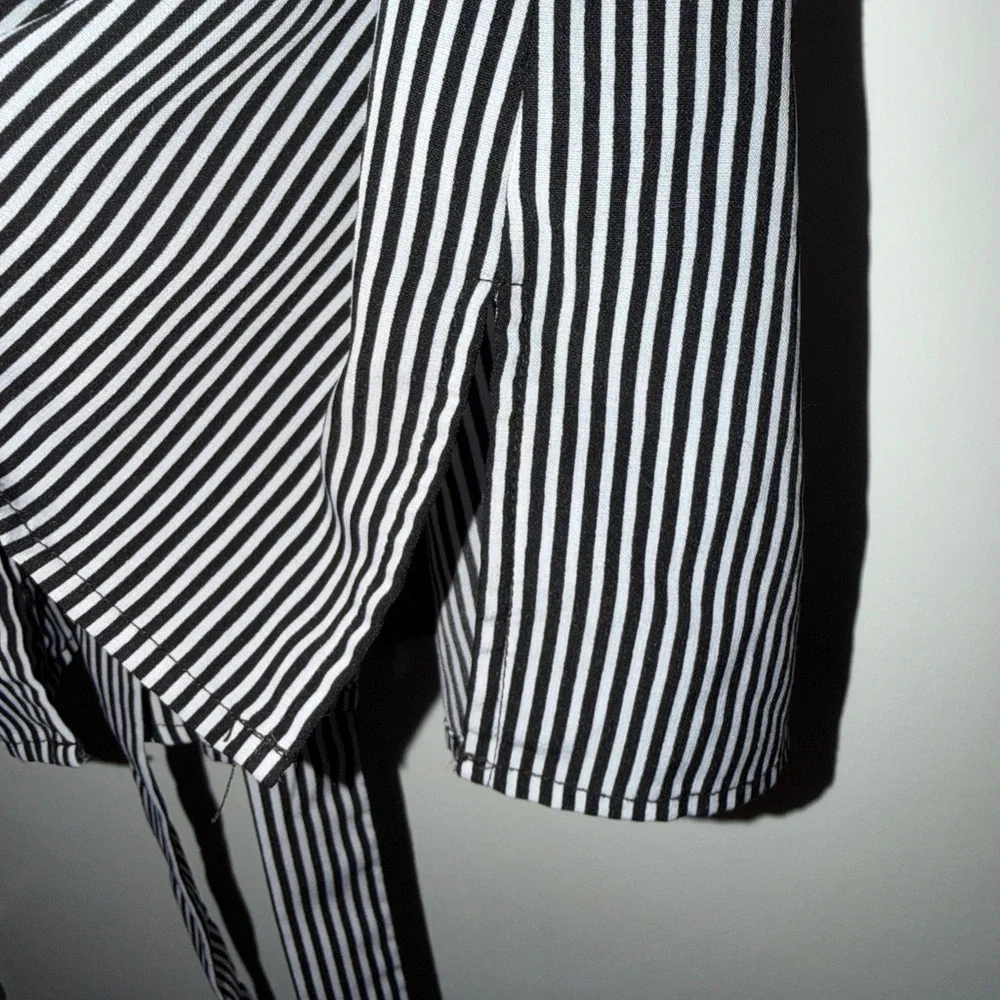 Notations Black White Striped Belted Blouse XL Roll Tab Sleeve - Picture 8 of 9